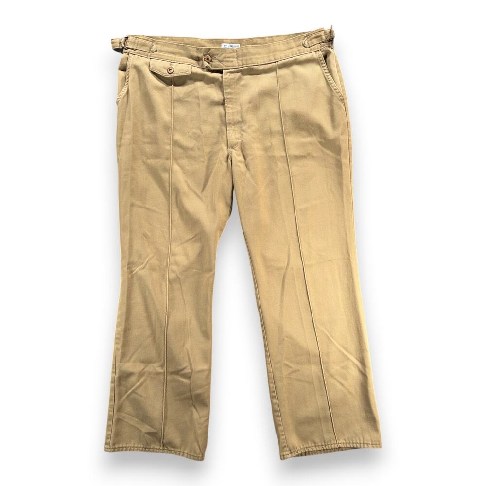 Vintage HIS Pants Mens 42x30 Brown Khaki Cotton Twill Flared Safari Creased 70s